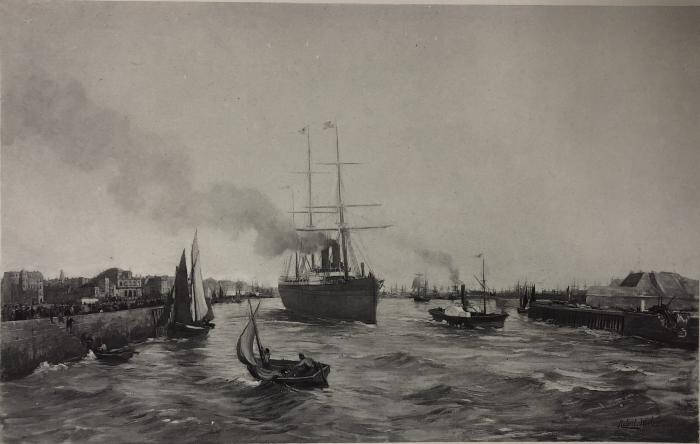 Image of a boat leaving a harbor.